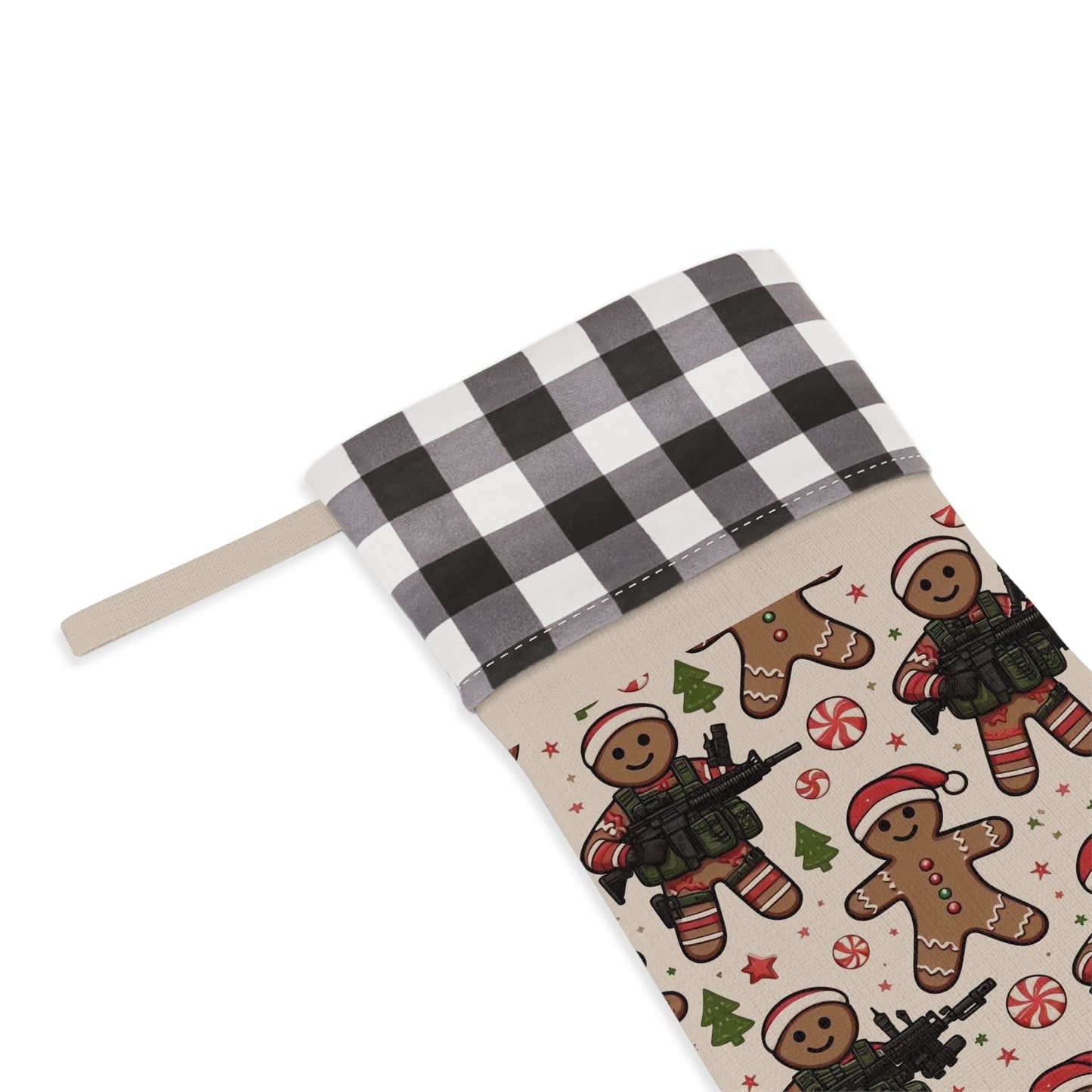 Festive Gingerbread Christmas Stocking with Buffalo Check Trim