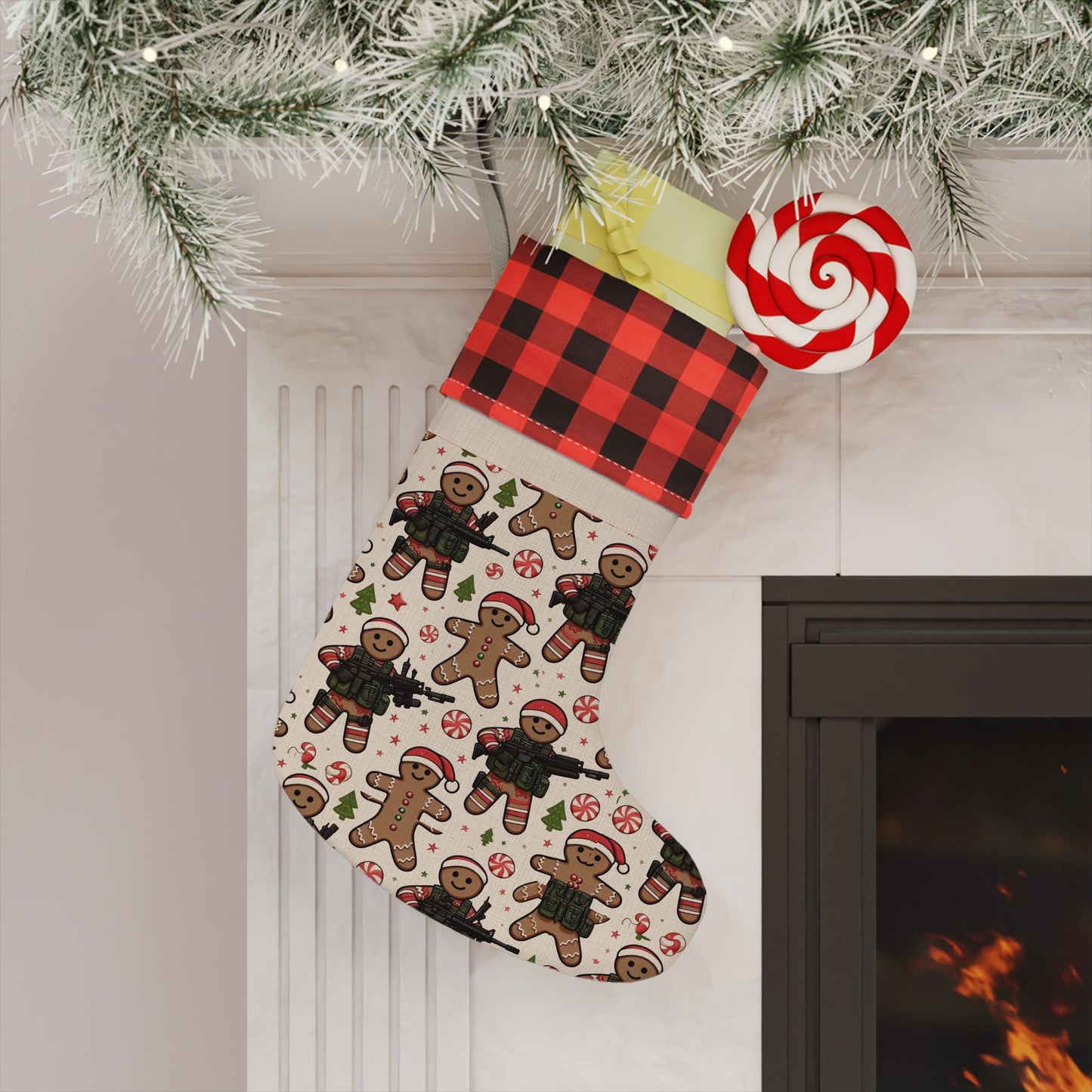 Festive Gingerbread Christmas Stocking with Buffalo Check Trim