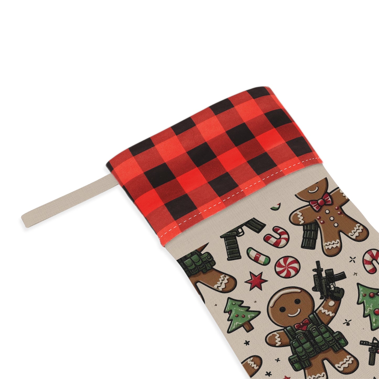 Festive Gingerbread Christmas Stocking with Buffalo Check Trim