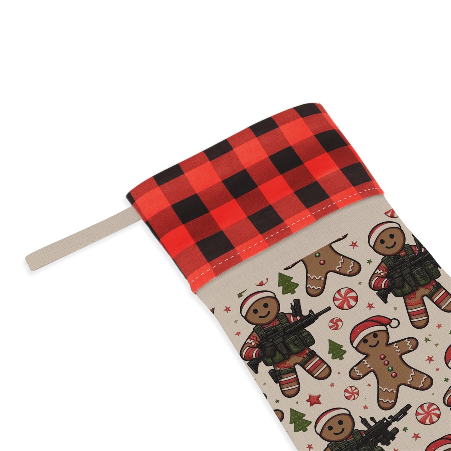 Festive Gingerbread Christmas Stocking with Buffalo Check Trim