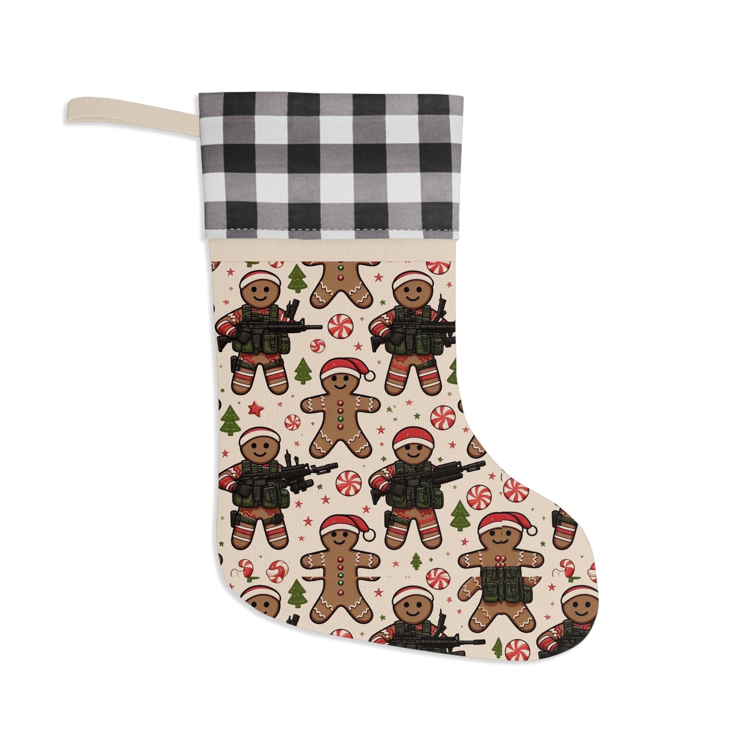 Festive Gingerbread Christmas Stocking with Buffalo Check Trim