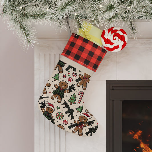 Festive Gingerbread Christmas Stocking with Buffalo Check Trim