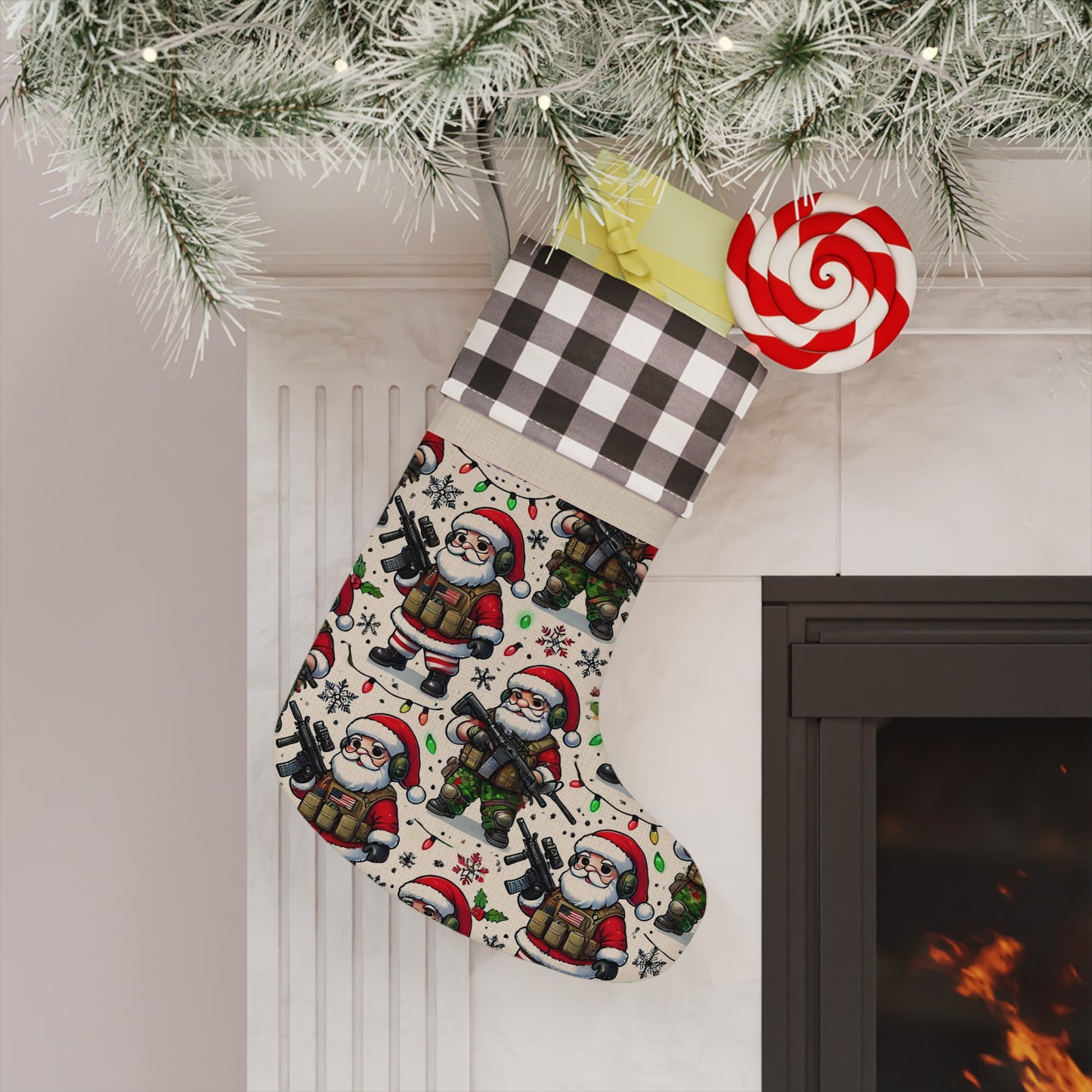 Festive Santa Christmas Stocking - Cozy Holiday Decor with Plaid Accent