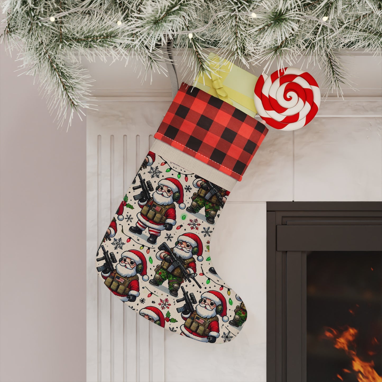 Festive Santa Christmas Stocking - Cozy Holiday Decor with Plaid Accent