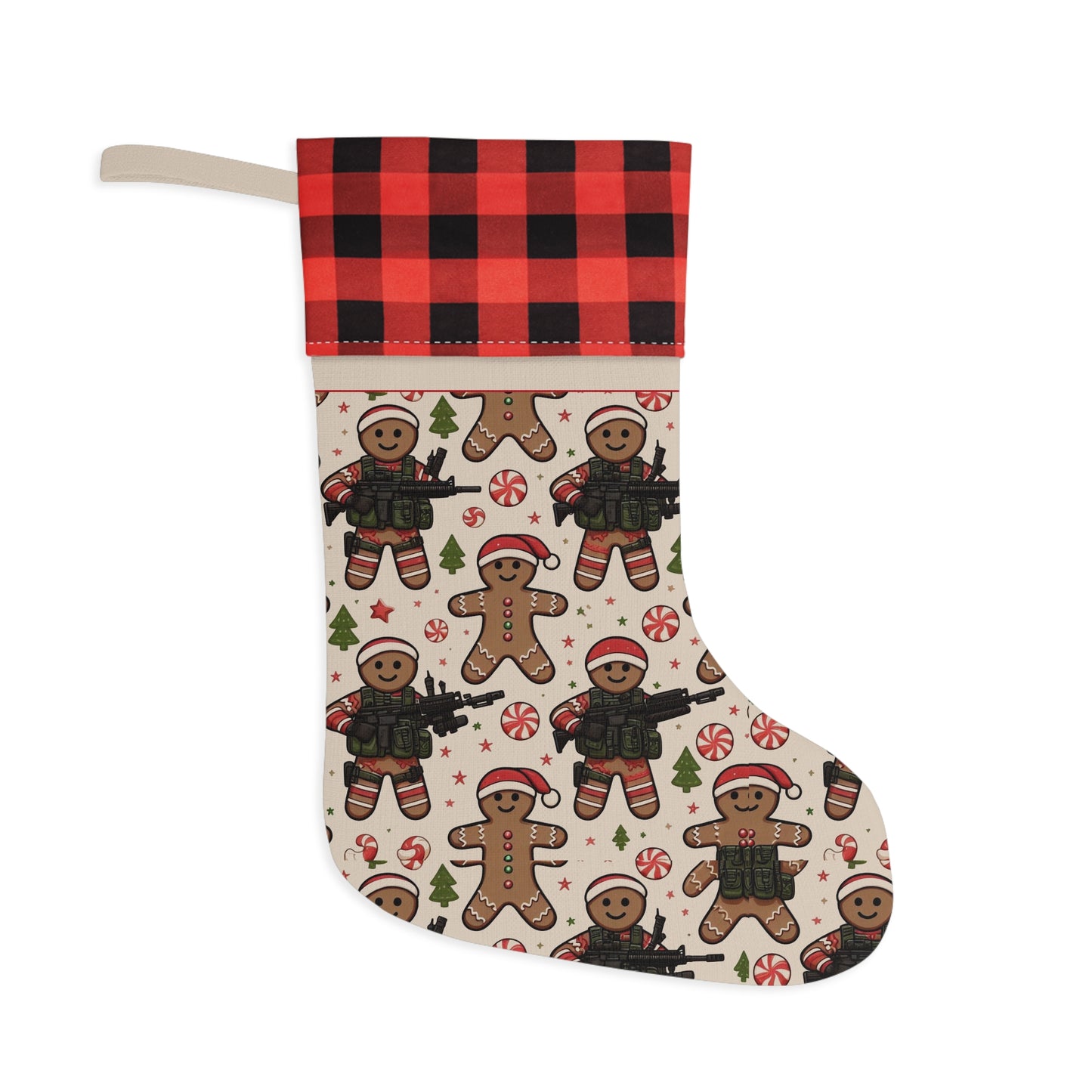 Festive Gingerbread Christmas Stocking with Buffalo Check Trim