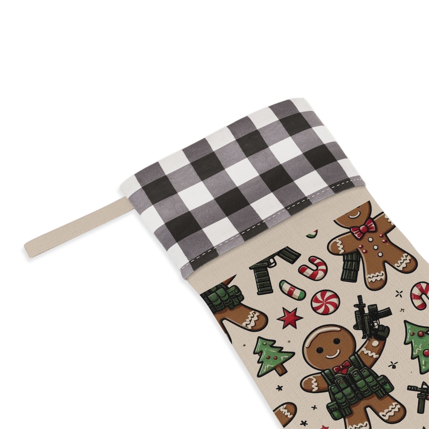 Festive Gingerbread Christmas Stocking with Buffalo Check Trim