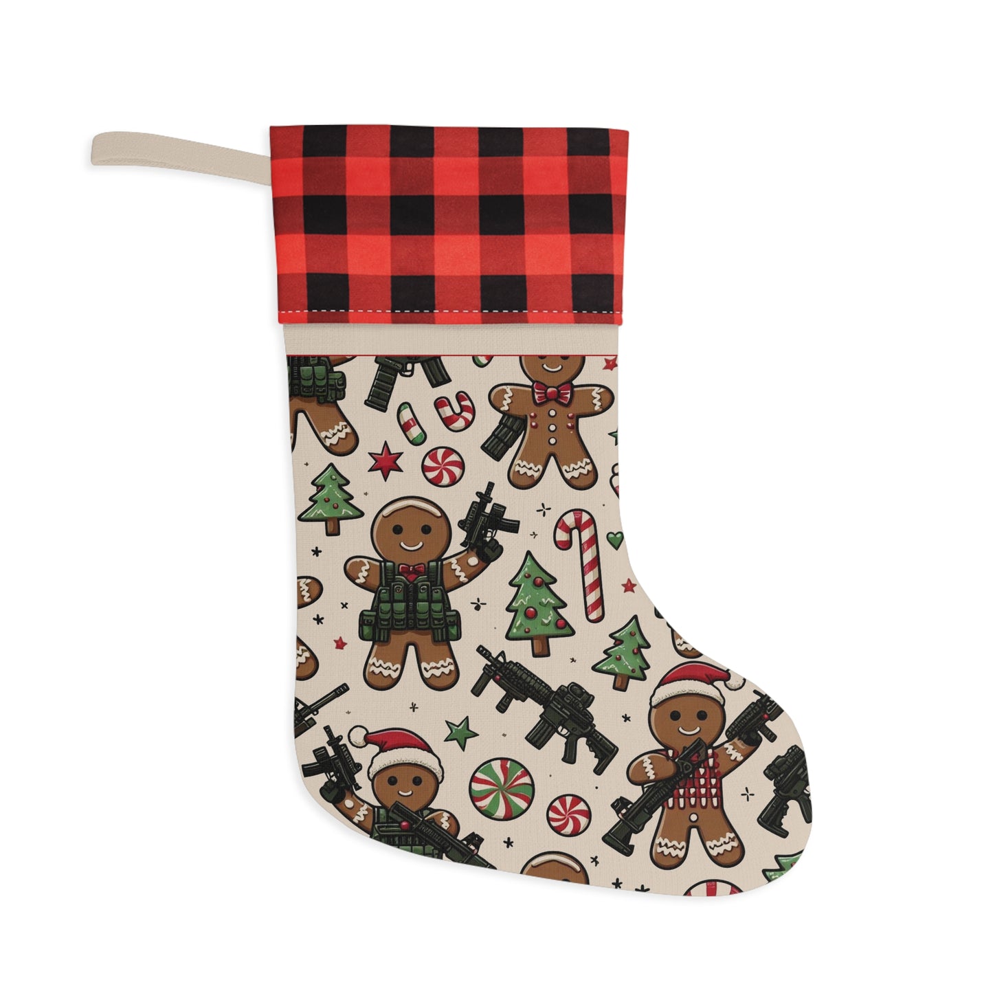 Festive Gingerbread Christmas Stocking with Buffalo Check Trim